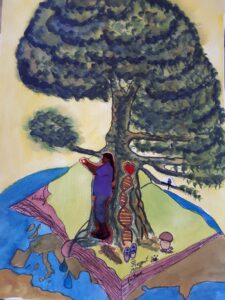 Gemälde Frau steht vor Haus im Baum