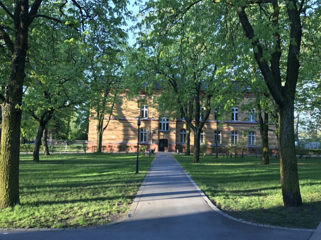 Bäume vor Backsteingebäude