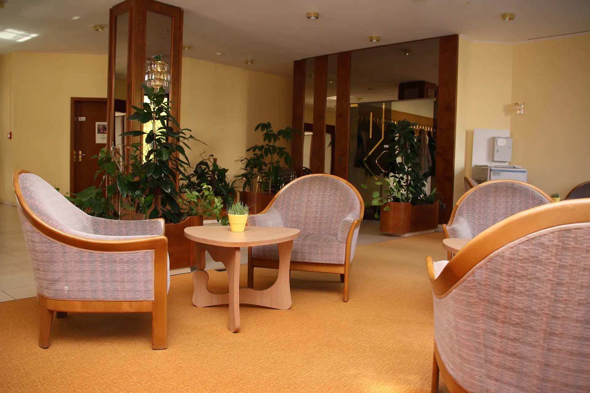 Gemuetliche Sitzecke mit Pflanzen in einem hellen Innenraum.