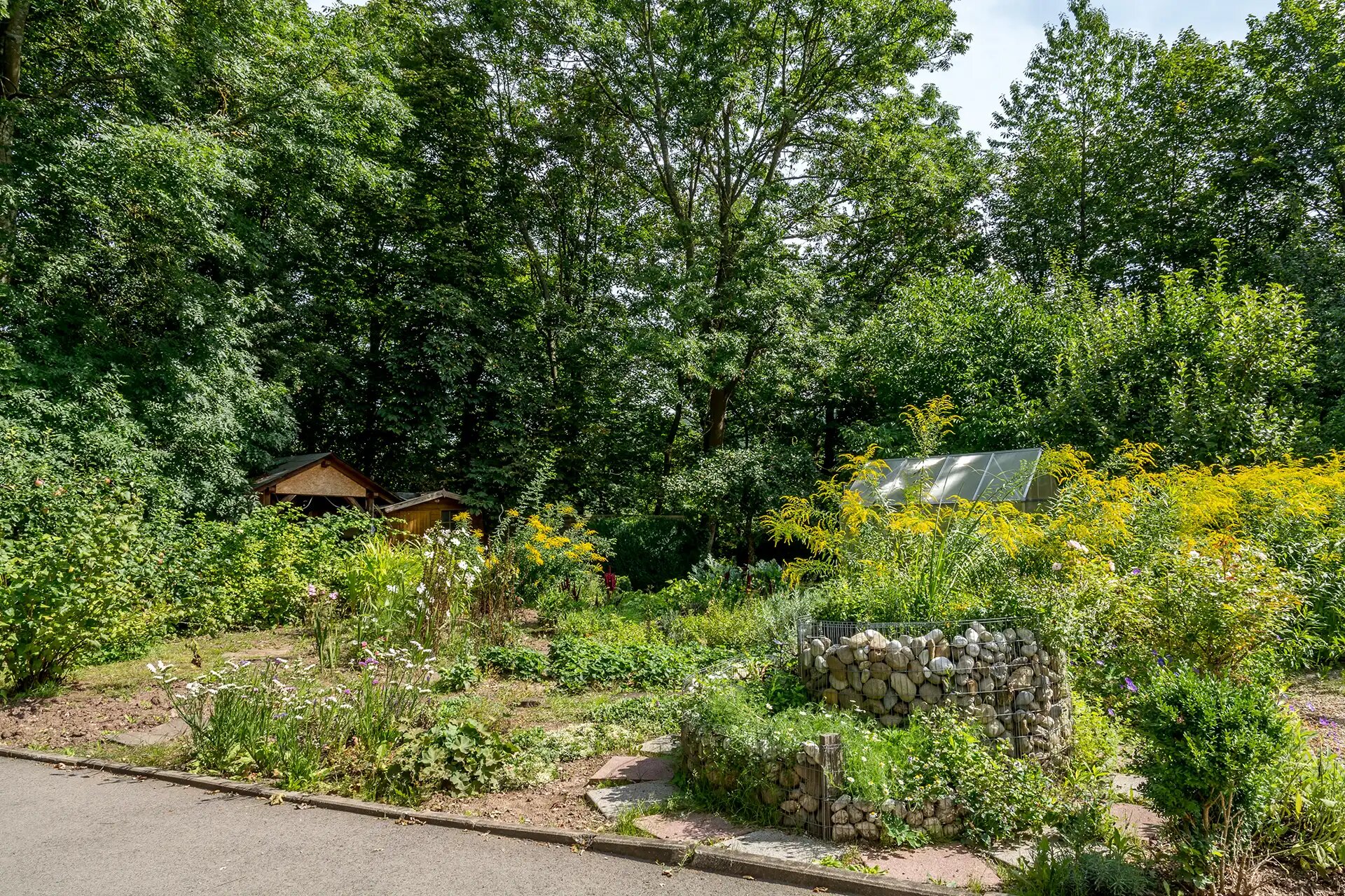Garten mit Blumenbeeten, Kraeuterschnecke und Gewaechshaus umgeben von Baeumen.