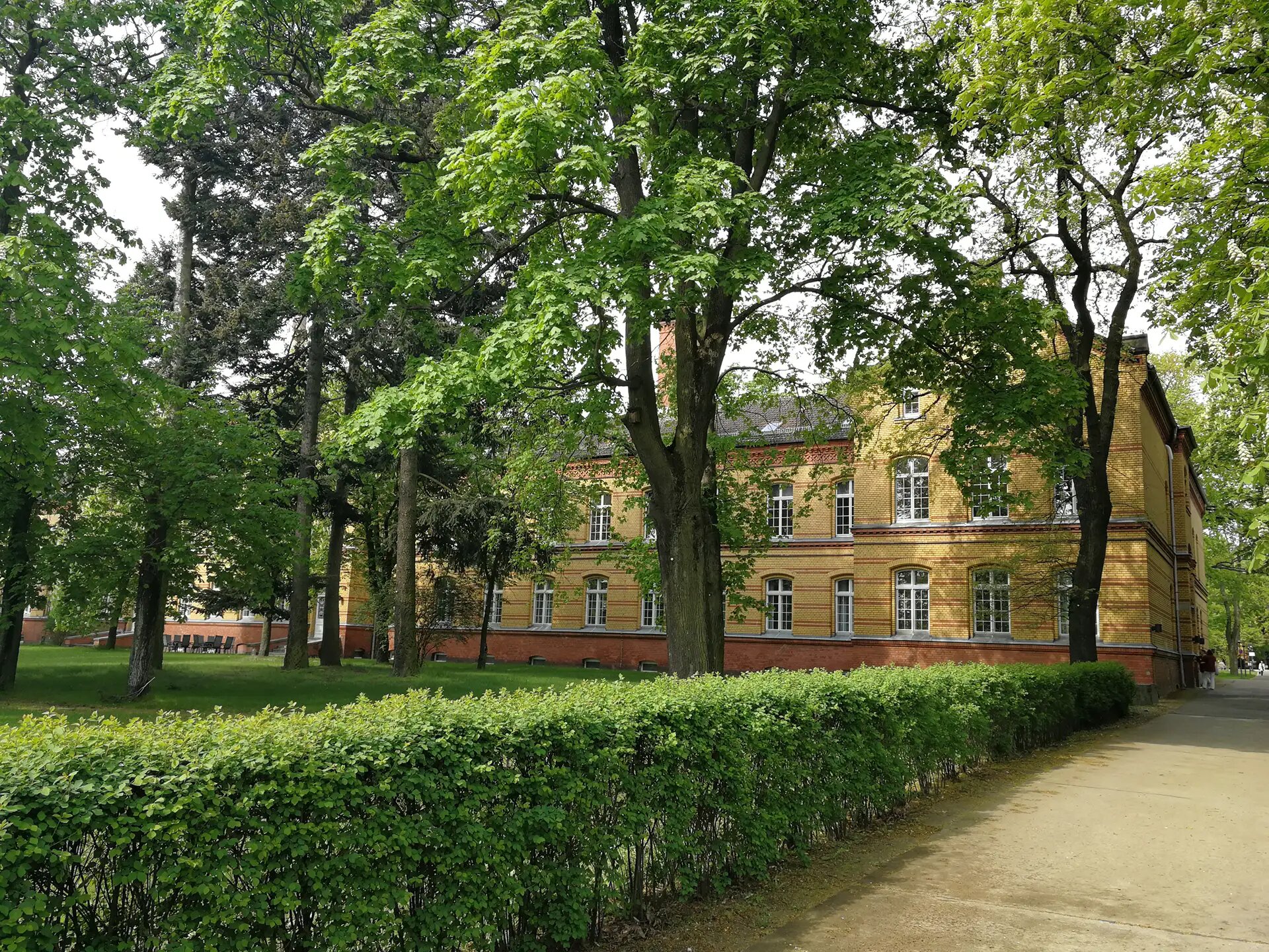 Gelbes Backsteingebaeude umgeben von hohen Baeumen und gruener Hecke.