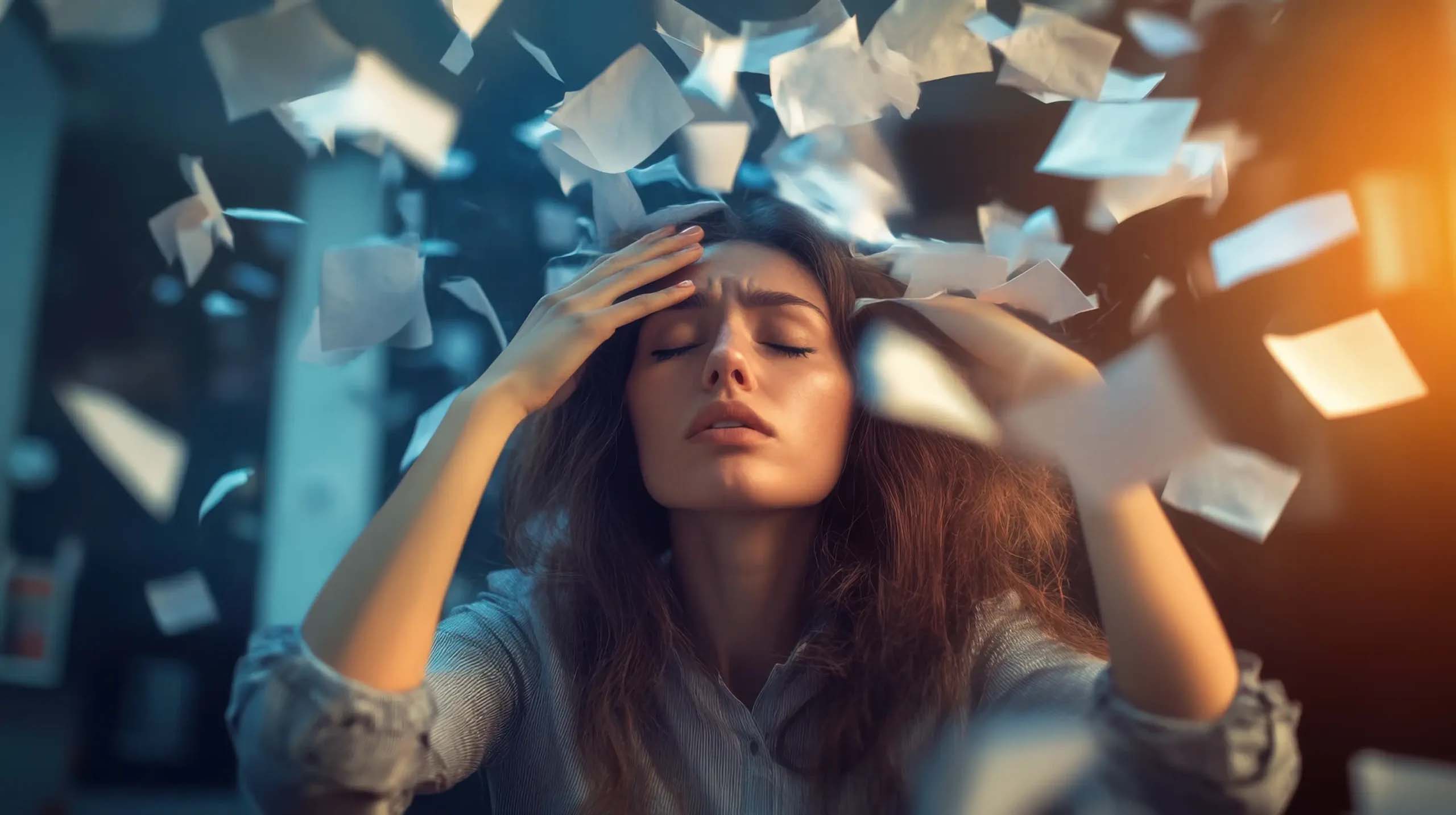 Frau hält sich den Kopf, umgeben von wirbelnden Papieren.