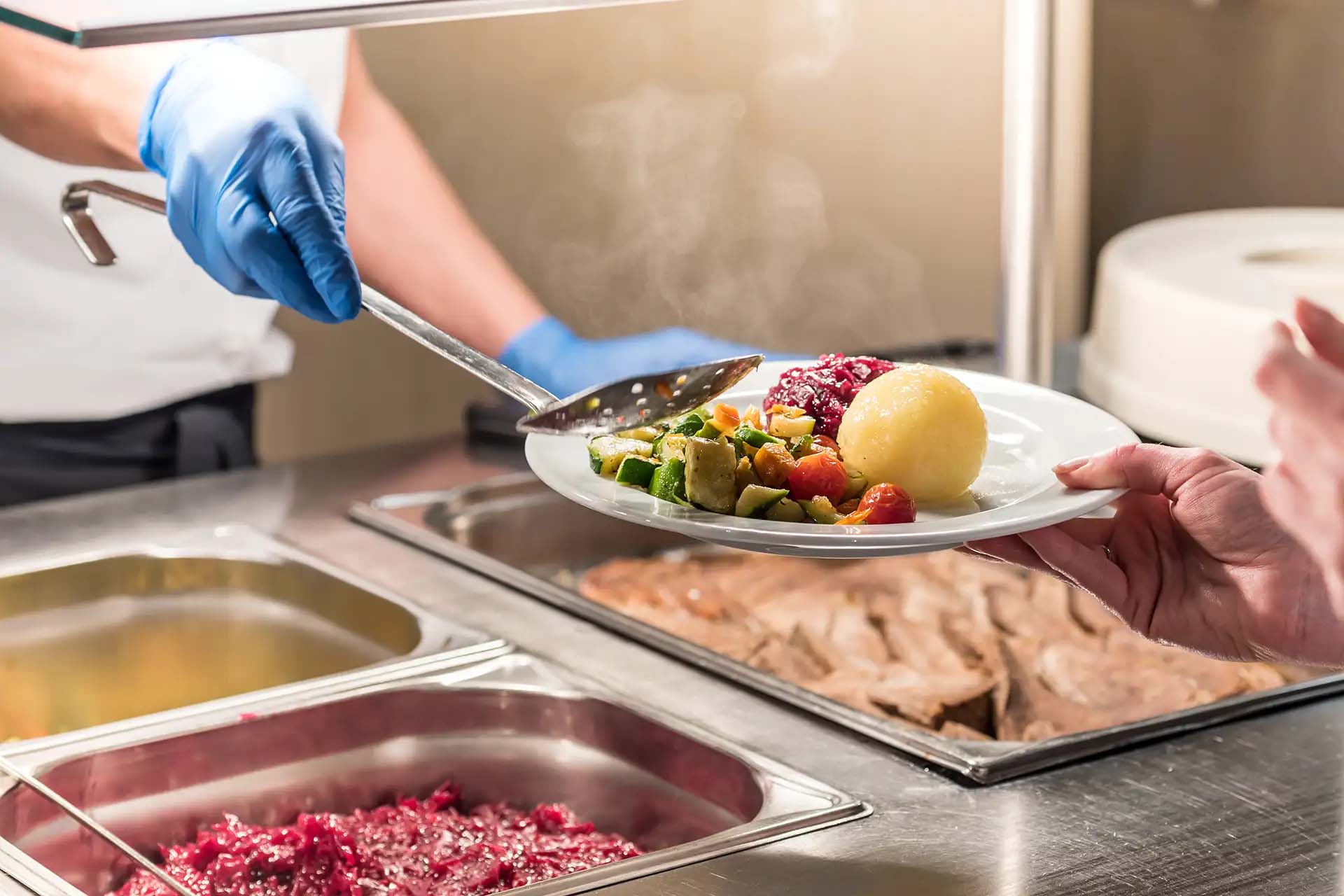 Frisches Gemüse, Knödel und Rotkohl, sorgfältig serviert für eine gesunde Mahlzeit.