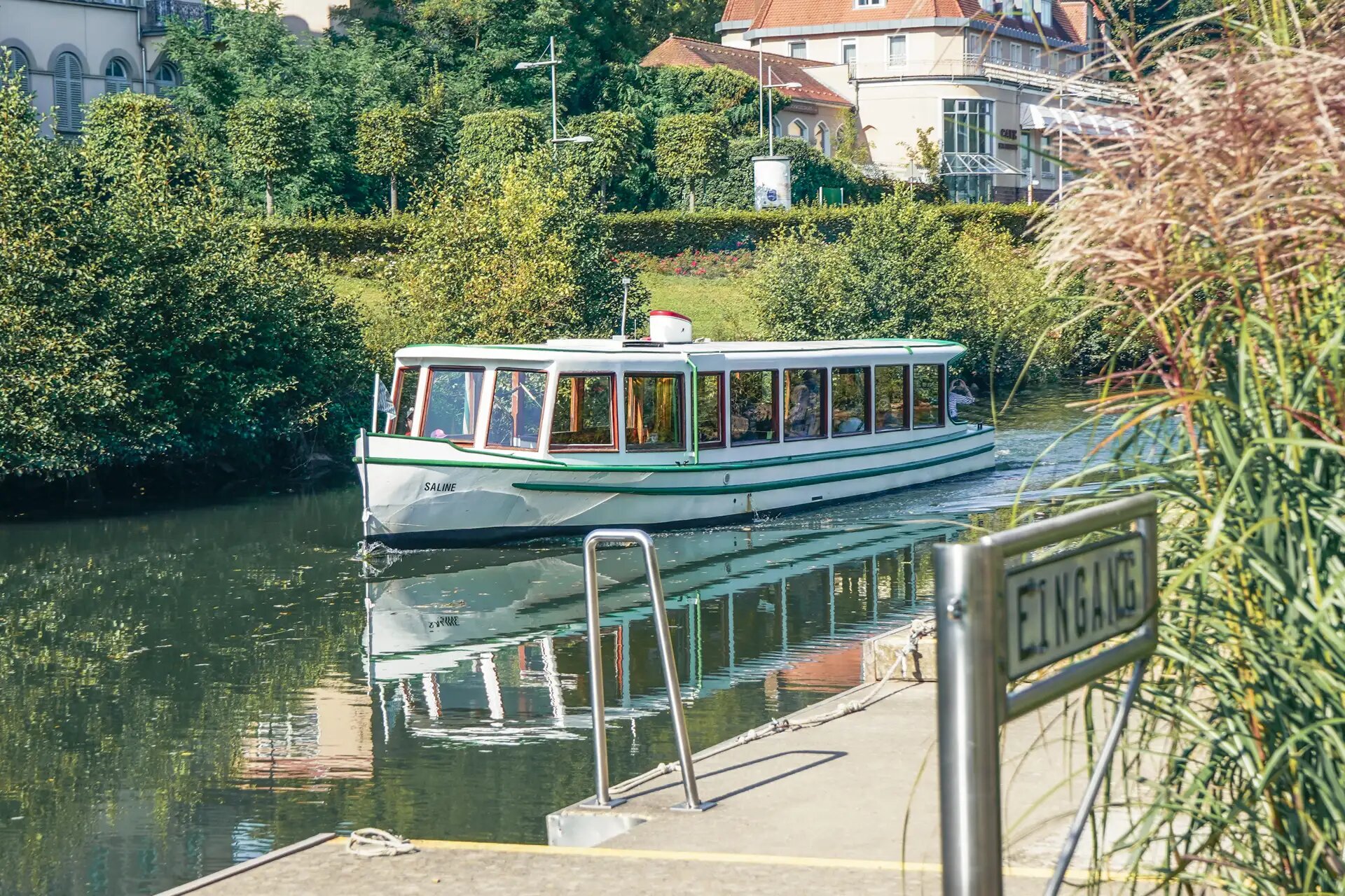 Weiß-grünes Ausflugsschiff „Saline“ auf einem ruhigen Fluss, umgeben von Natur.