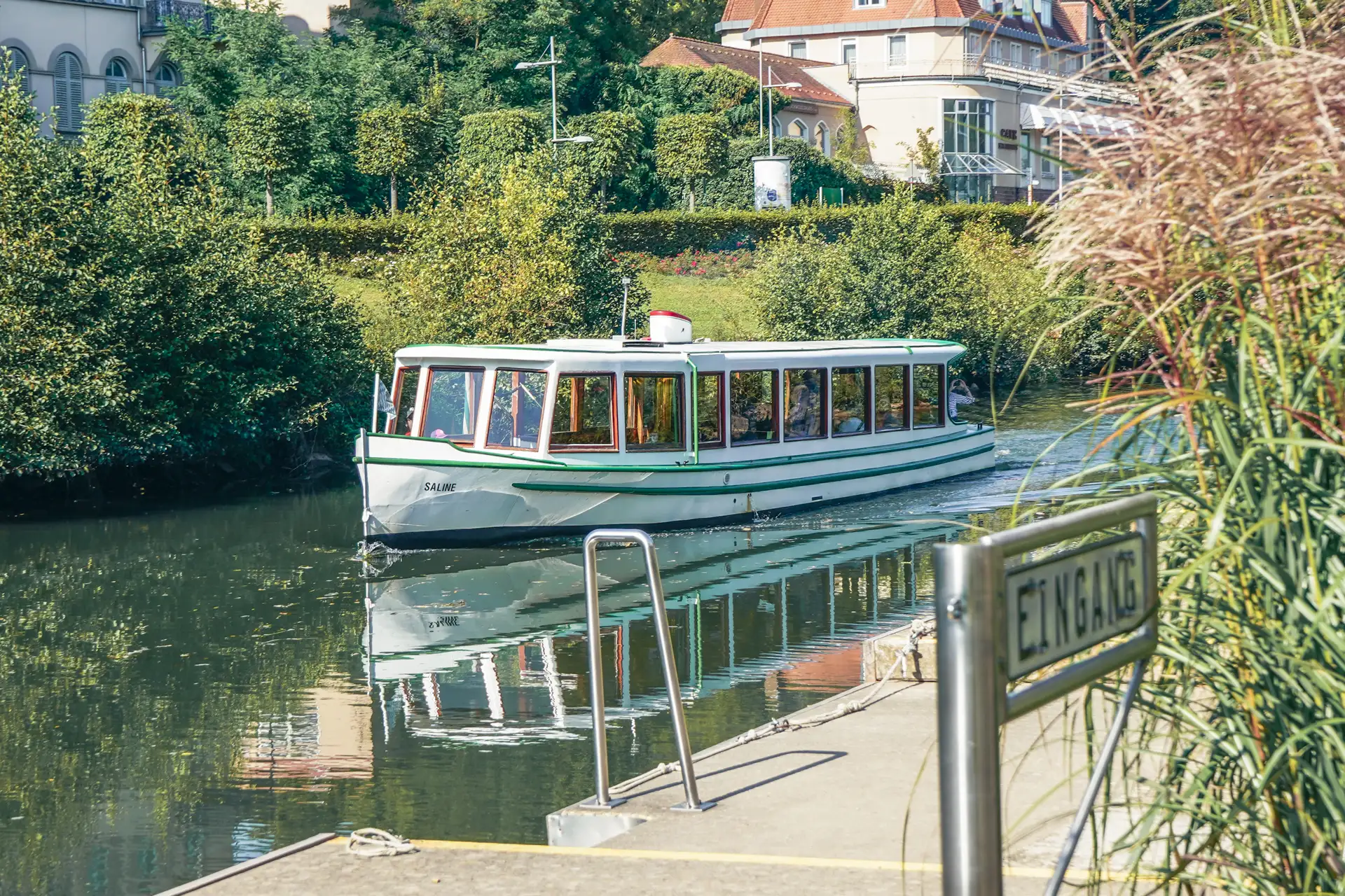 Weiß-grünes Ausflugsschiff „Saline“ auf einem ruhigen Fluss, umgeben von Natur.