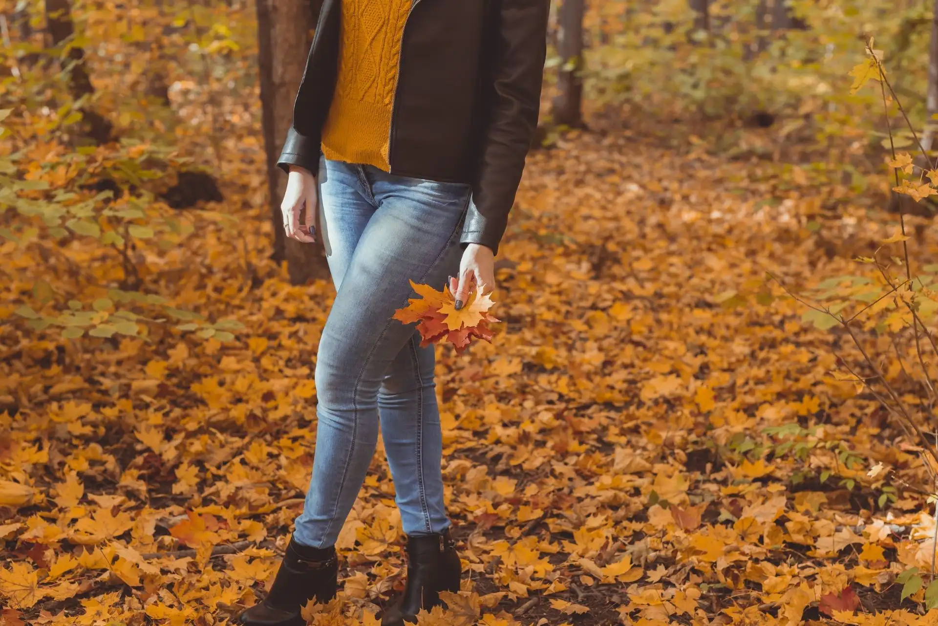 Frau hält Herbstblätter, steht auf waldbedecktem Boden voller bunter Blätter.