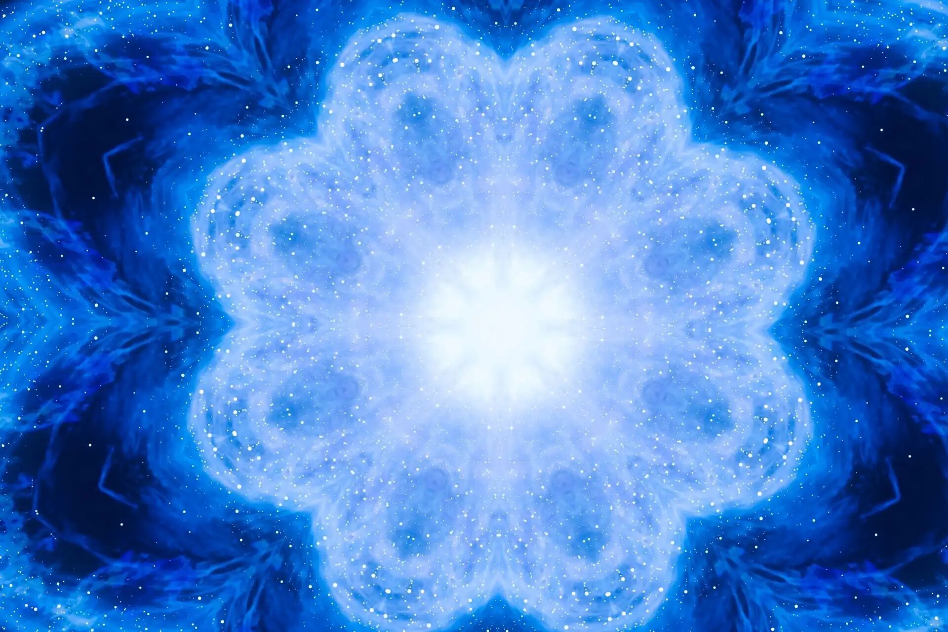 Leuchtendes, sternenähnliches Muster in blauen, kosmischen Farben.