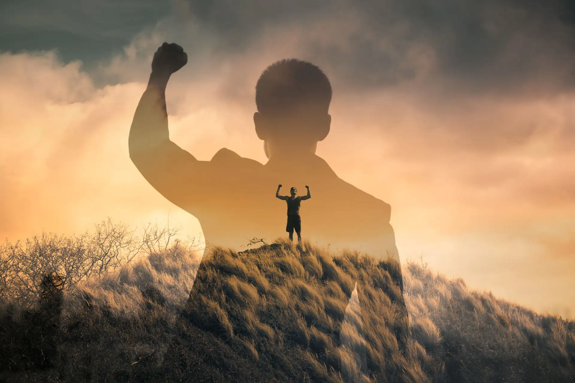 Silhouette eines Mannes, erhobene Faust, Triumph, Sonnenuntergang, Entschlossenheit, Stärke, Selbstverwirklichung.