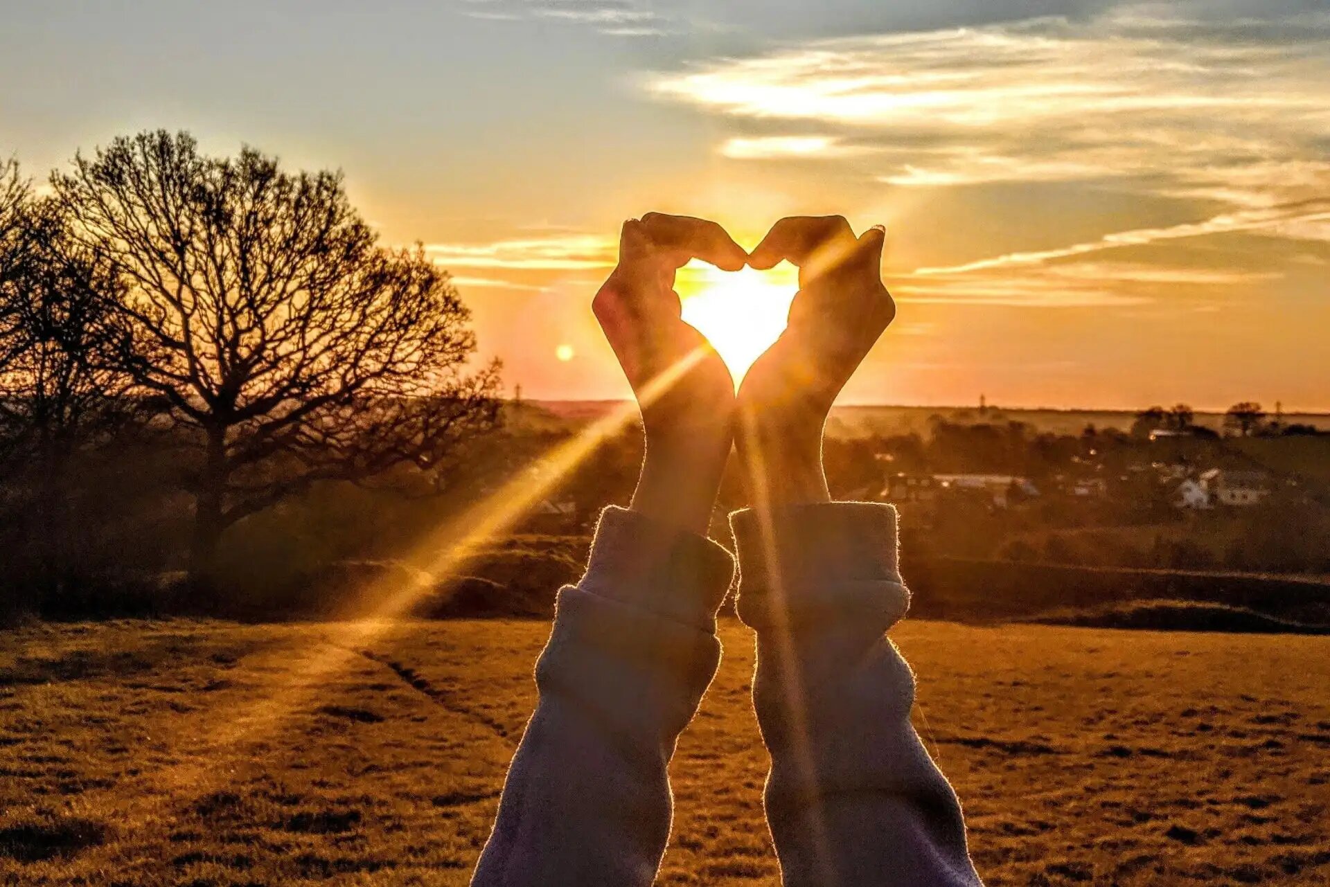Hände formen ein Herz vor Sonnenuntergang, goldene Strahlen durchfluten Landschaft.