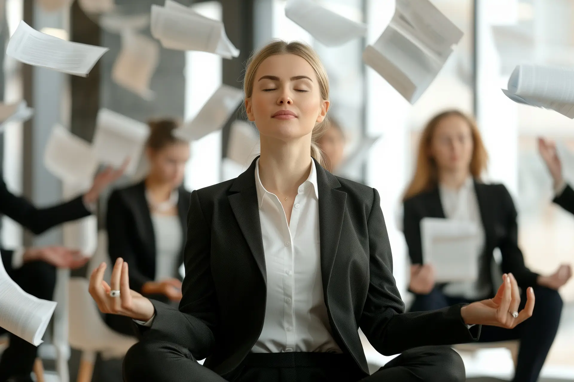 Frau im Business-Anzug sitzt in Meditationspose