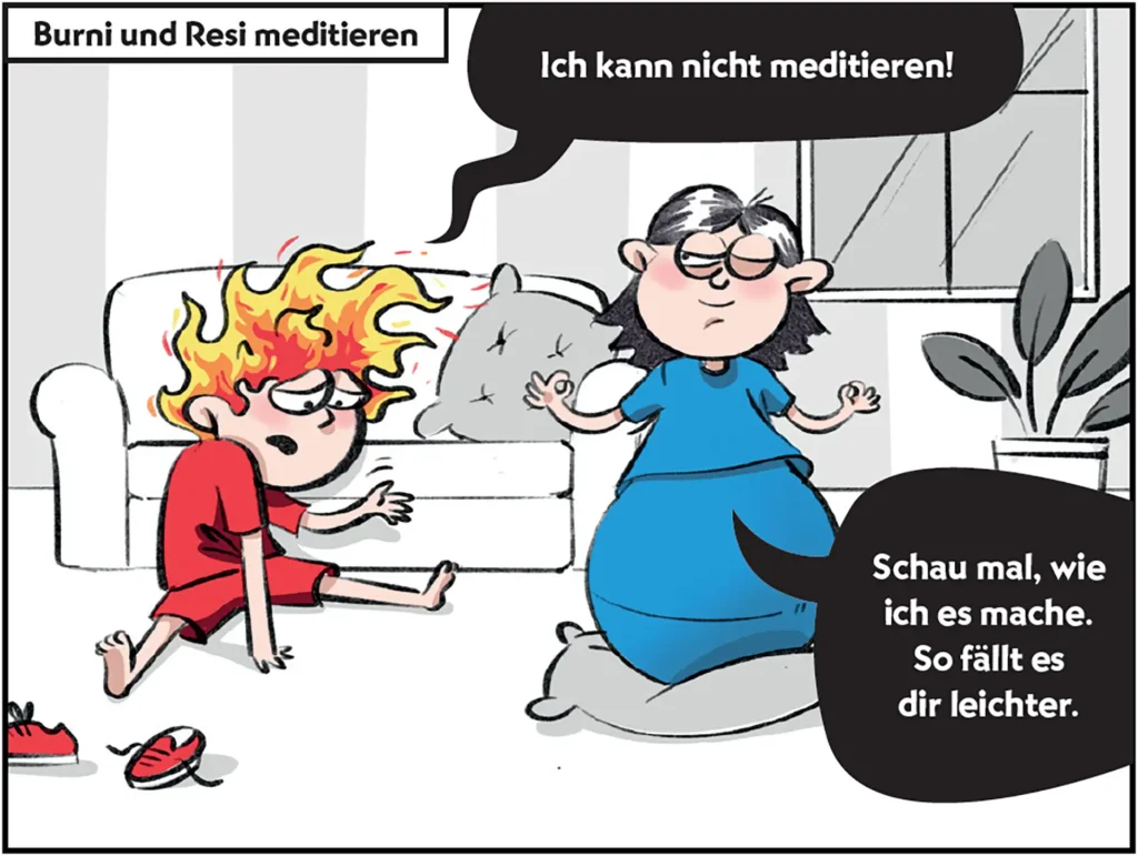 Burni und Resi meditieren.