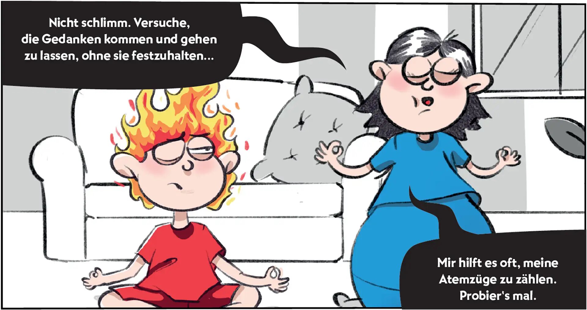Burni und Resi meditieren.